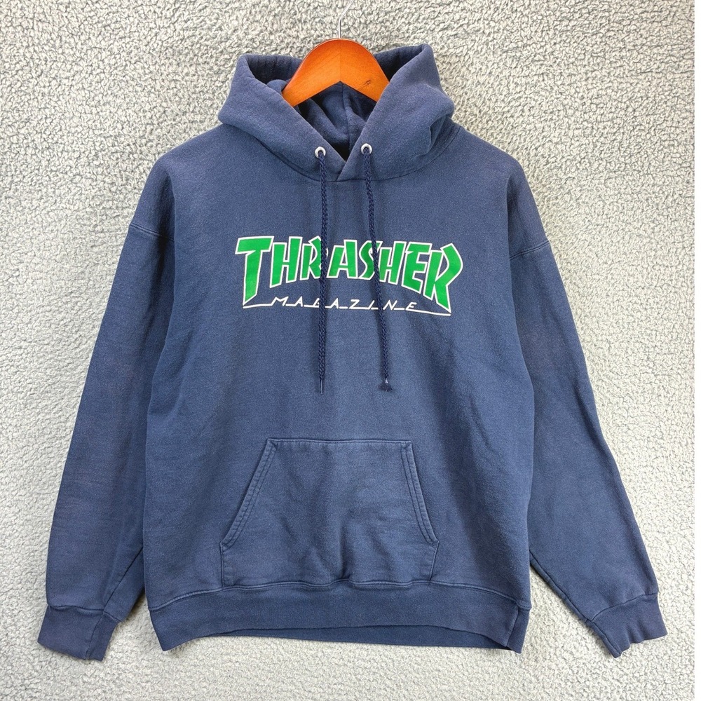 Thrasher Magazine Hoodie Navy Blue Green Logo Skateboard Graphic Sweatshirt M
